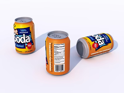 Three Mountain Soda Cans with Orange Design in Different Positions on White Background 3d model