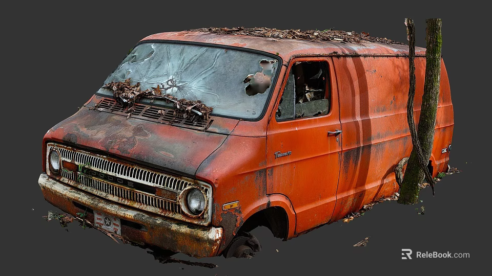 Old Rusted Orange Van With Broken Windows And Leaves On Roof 3d model