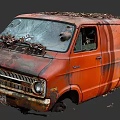 Old Rusted Orange Van With Broken Windows And Leaves On Roof 3d model