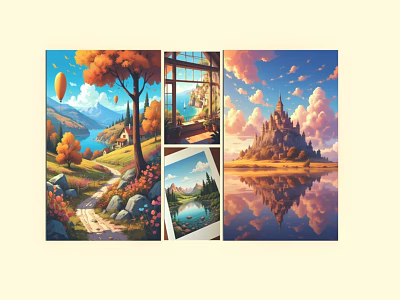 Scenic Landscape Paintings With Autumn Trees Hot Air Balloon Lake Castle And Cloud Reflections 3d model