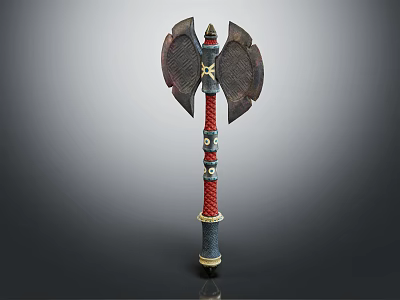 Traditional Decorative Double Bladed Axe With Red Blue Handle And Intricate Ornamental Design 3d model