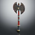 Traditional Decorative Double Bladed Axe With Red Blue Handle And Intricate Ornamental Design