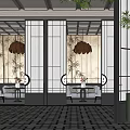 Traditional Chinese Restaurant Interior With Wooden Screens Pendant Lights Green Plants And Patterned Floor Tiles
