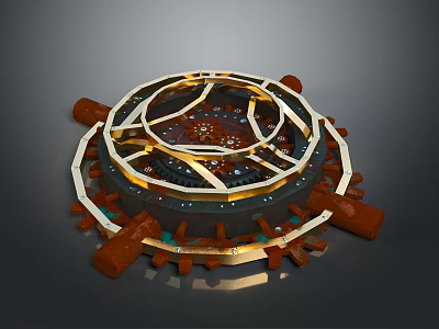 Intricate Circular Mechanical Device With Layered Metal Rings And Wooden Components 3d model