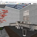 Garden Landscape Design With Glass Skylight Gray Brick Walls Red Maple Tree And Wooden Flooring