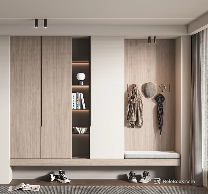 Modern Wooden Shoe Cabinet With Open Shelf Hooks Bench And Umbrella Storage 3d model 