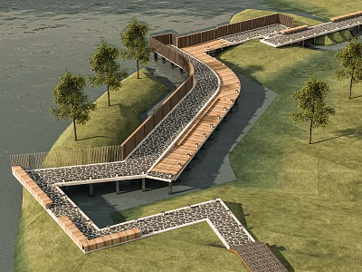 Scenic Winding Wooden Walkway Through Green Grassland With Trees And Waterfront 3d model