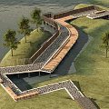 Scenic Winding Wooden Walkway Through Green Grassland With Trees And Waterfront
