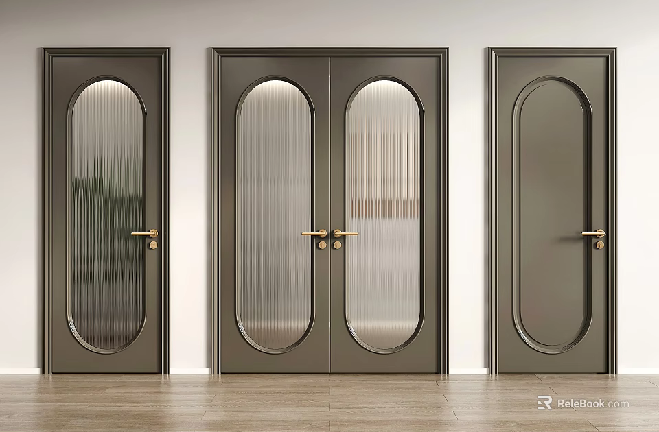 Modern Dark Interior Double Doors With Glass Panels And Brass Handles 3d model 