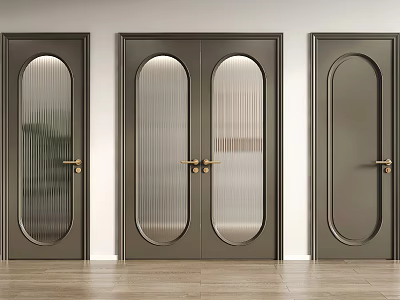 Modern Dark Interior Double Doors With Glass Panels And Brass Handles 3d model
