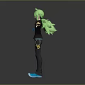 Green-haired Character Wearing Black Outfit Blue Shoes Golden Bracelets and Yellow Creature Pendant Arms Outstretched