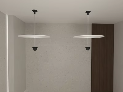 Modern Two Pendant Lights With White Shades Black Metal Frames On Light Wall Wooden Panel 3d model