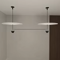 Modern Two Pendant Lights With White Shades Black Metal Frames On Light Wall Wooden Panel