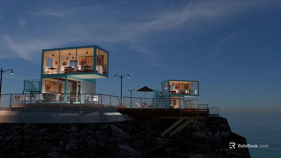 Two Story Container Building With Glass Windows Ocean View Seaside Outdoor Sun Loungers Parasol 3d model 