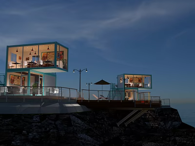 Two Story Container Building With Glass Windows Ocean View Seaside Outdoor Sun Loungers Parasol 3d model