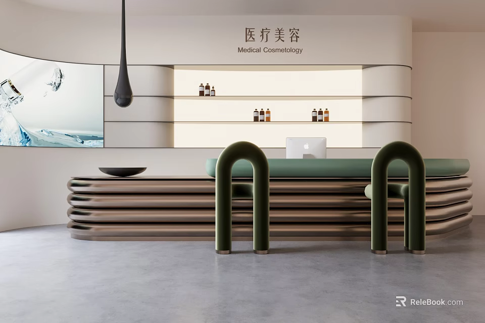 Green Arched Stools In Modern Medical Beauty Clinic With Counter And Computer 3d model 