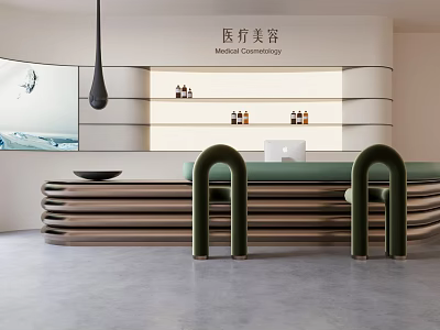 Green Arched Stools In Modern Medical Beauty Clinic With Counter And Computer 3d model