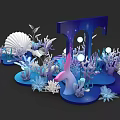 Underwater Themed 3D Artwork With Coral Seashell Blue Purple Elements And Glowing Orbs