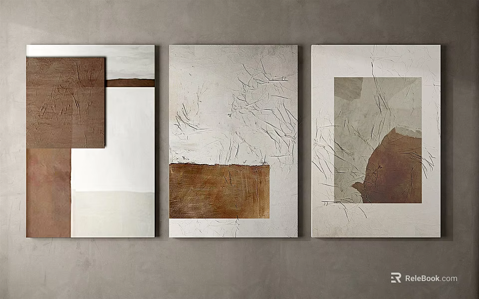 Three Abstract Paintings With Geometric Shapes And Textured Design In Neutral Tones 3d model 