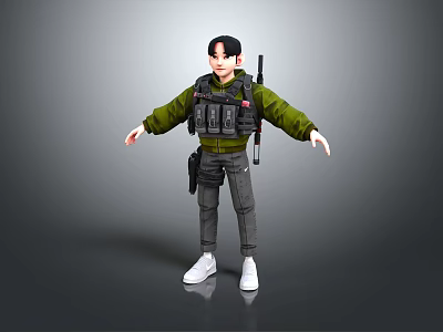3D Character Model Wearing Green Jacket Black Tactical Vest Gray Pants And Rifle 3d model