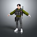 3D Character Model Wearing Green Jacket Black Tactical Vest Gray Pants And Rifle