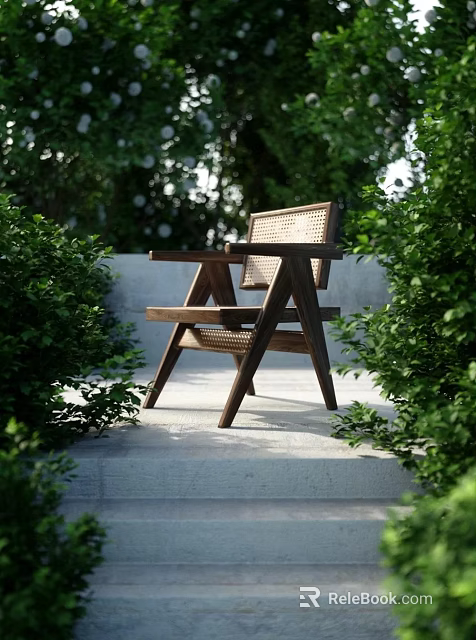 Wooden Rattan Outdoor Leisure Chair Surrounded by Green Plants in Garden 3d model 