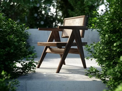 Wooden Rattan Outdoor Leisure Chair Surrounded by Green Plants in Garden 3d model
