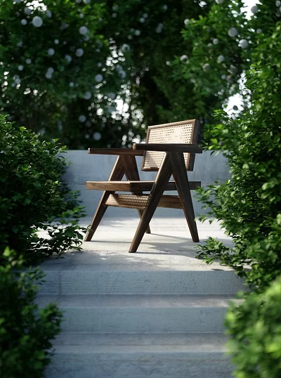 Wooden Rattan Outdoor Leisure Chair Surrounded by Green Plants in Garden 3d model