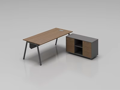 Modern Office Desk With Wooden Top Metal Legs And Storage Cabinet 3d model