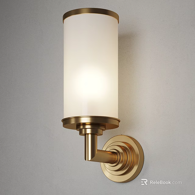 Modern Brass Wall Sconce With White Cylindrical Shade Mounted On Gray Wall 3d model 