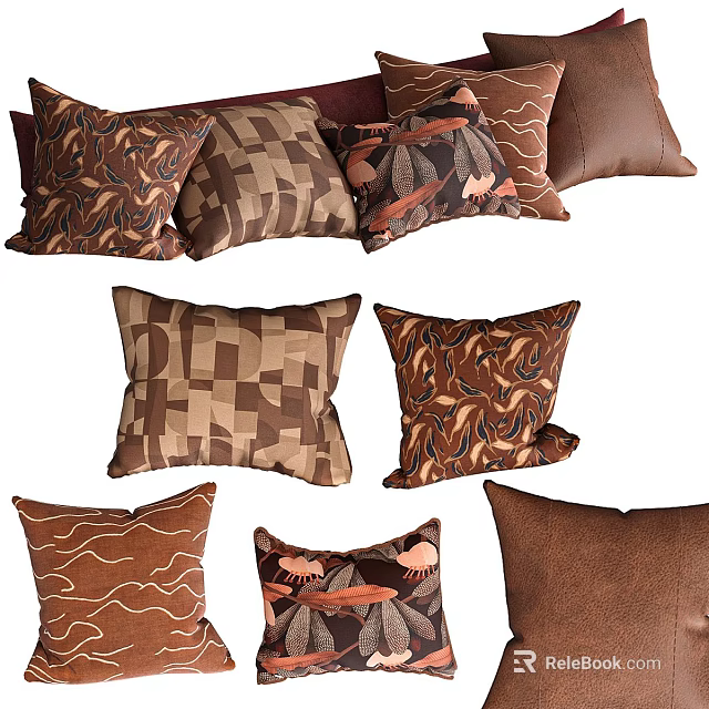 Brown Tones Throw Pillows With Checkerboard Abstract Floral Wavy Line And Leather Texture Patterns 3d model