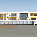 Modern White School Building Exterior With Large Windows Balconies And Red Sports Ground