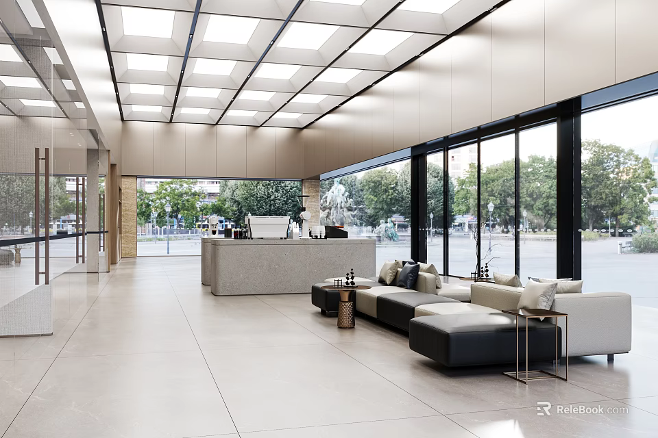 4S Dealership Modern Showroom Interior With Reception Desk And Customer Lounge Area 3d model 