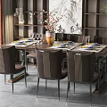 Elegant Chinese Dining Table Set With Striped Chairs Tableware And Landscape Painting 3d model