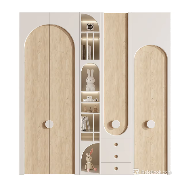 Light Wooden Wardrobe With Arched Doors Round Knobs And Open Shelves With Rabbit Decor 3d model 