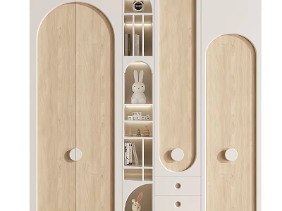 Light Wooden Wardrobe With Arched Doors Round Knobs And Open Shelves With Rabbit Decor 3d model