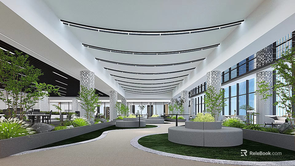 Modern Office Landscape Interior With Curved Ceiling Large Windows Green Plants Circular Seating And Columns 3d model 