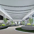Modern Office Landscape Interior With Curved Ceiling Large Windows Green Plants Circular Seating And Columns