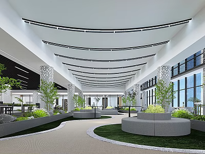 Modern Office Landscape Interior With Curved Ceiling Large Windows Green Plants Circular Seating And Columns 3d model