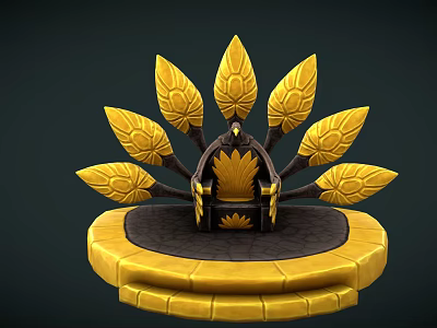 Ornate Fantasy Throne With Golden Leaf Decorations On Circular Pedestal Base 3d model