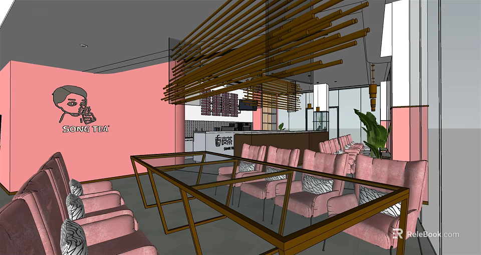 Milk Tea Shop Interior Design With Pink Walls Glass Tables And Pink Chairs 3d model 
