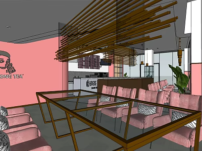 Milk Tea Shop Interior Design With Pink Walls Glass Tables And Pink Chairs 3d model