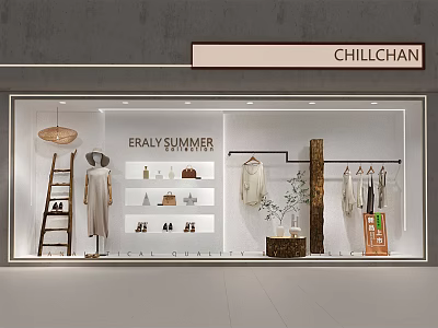 Chillchan Early Summer Window Display With Dressed Mannequin Shelves Bags Hanging Clothes Ladder And Plant 3d model