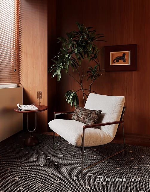 White Upholstered Accent Chair With Side Table Potted Plant Wooden Wall Blinds And Wall Art 3d model 