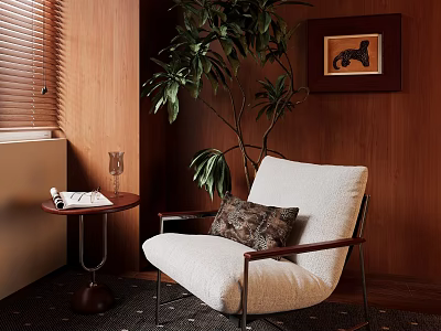White Upholstered Accent Chair With Side Table Potted Plant Wooden Wall Blinds And Wall Art 3d model
