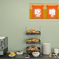 Dining Table Setup With Coffee Machine Bread Rack Pastries Stacked Plates And Neon Signs