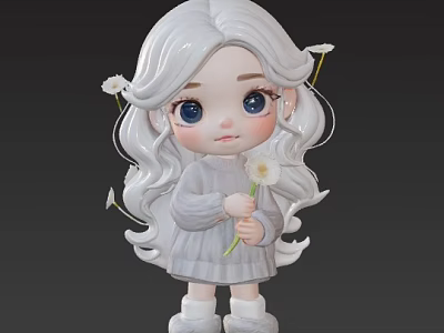 Cartoon Woman With White Long Hair In Gray Sweater Holding White Flower And Small Flowers 3d model