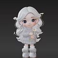 Cartoon Woman With White Long Hair In Gray Sweater Holding White Flower And Small Flowers