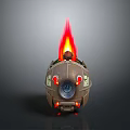 Rear View Of Mechanical Device With Flaming Top Red Lights And Metallic Structure