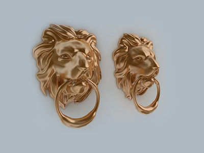 Golden Lion Head Door Knockers with Decorative Ring Handles Set 3d model